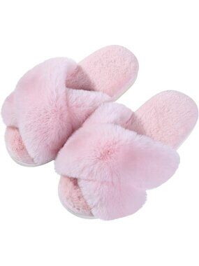 Women's Pink Fuzzy Cross Band Memory Foam House Open Toe Soft Slipper Shoes